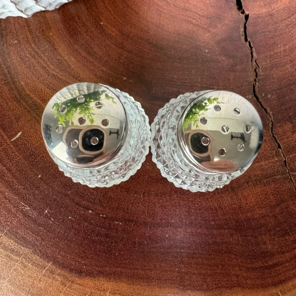 Vintage Miniature Diamond Point Glass Salt and Pepper Shakers Set Silver Lids